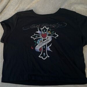 Ed Hardy Black Tee with Heart and Cross Design